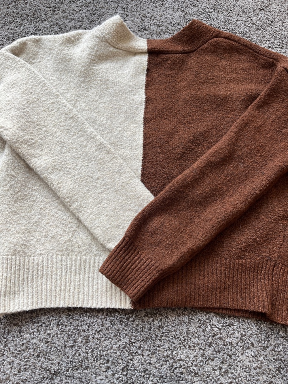 Love Tree Brown & Cream Color Block Bouclé Cardigan Sweater Size Medium Cozy But - Picture 3 of 4